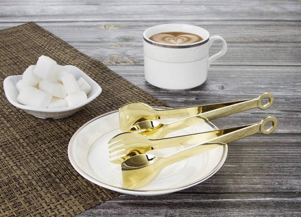 Mini Appetizer Tongs Stainless Steel Set of 4, Gold Plated Small Serving Tongs, 6 Inch(15.2cm, Golden)