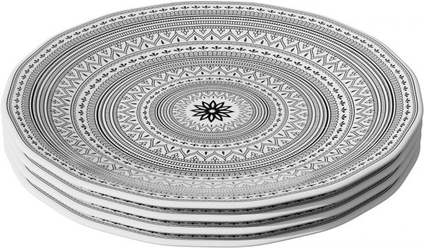 Melamine Plates, 11-Inch Lightweight and Break-Resistant Dinner Plates, Moroccan Black/White Design, Set Of 4