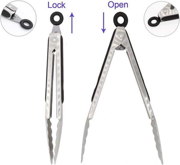 304 Stainless Steel Kitchen Cooking Tongs, 12" and 14" Set of 2 Strong BBQ Brushed Locking Food Tongs, Black