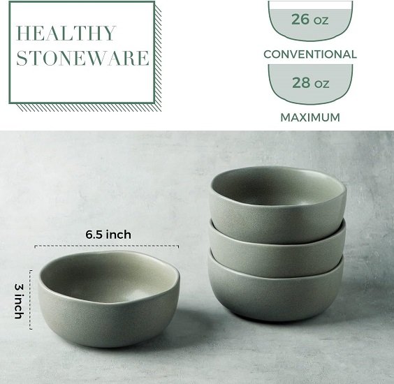 Stoneware Cereal Bowls for Kitchen, 28oz Large Ceramic Soup Bowls Set of 4 for Meal, Chip-Resistant Kitchen Bowls with Wavy Rim, Reactive Glaze Matte