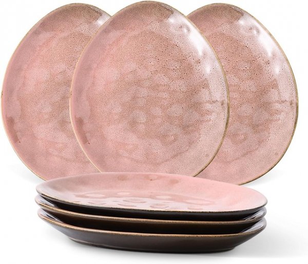 Small Appetizer, Salad Plates, Ceramic Dessert, Snacks Plates - Stoneware Kitchen Serving Side Dishes- Set of 6 (Pink)
